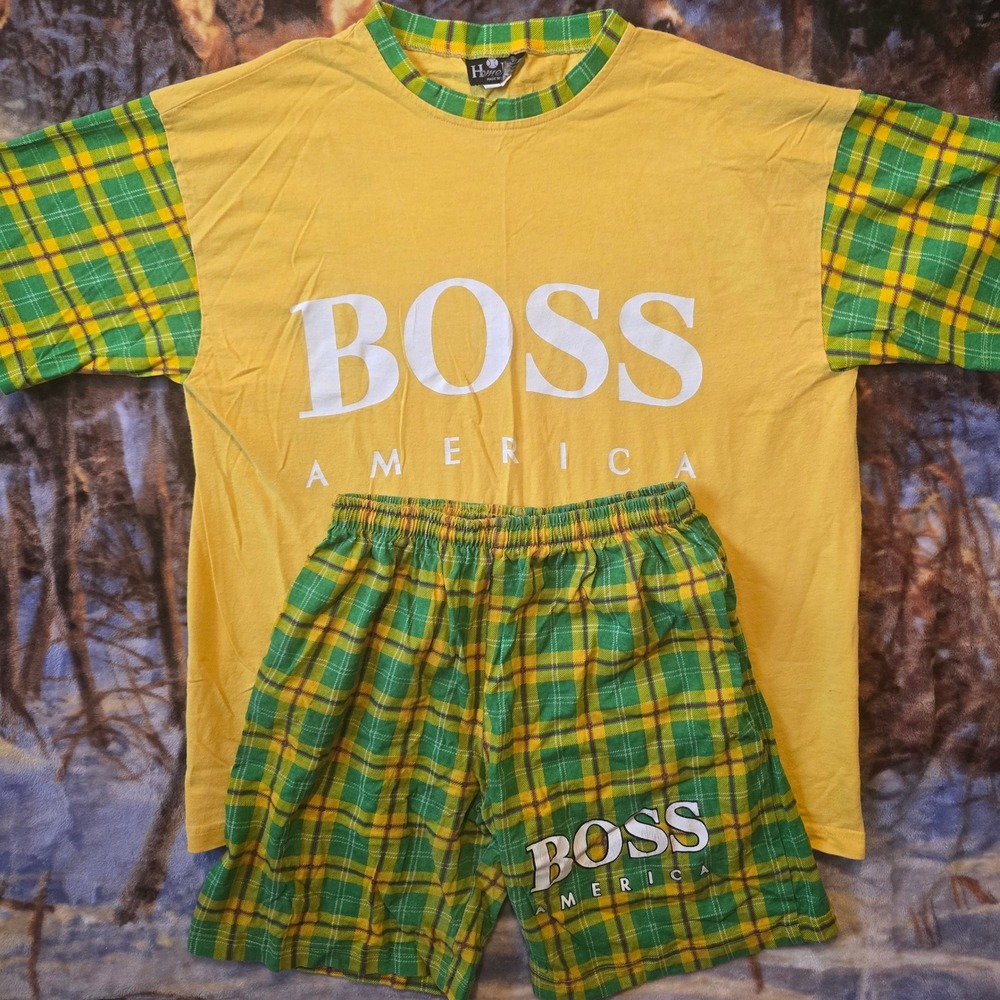 Vintage Hugo Boss America Yellow Geometric Abstract Y2K Tee w/Shorts sz Large